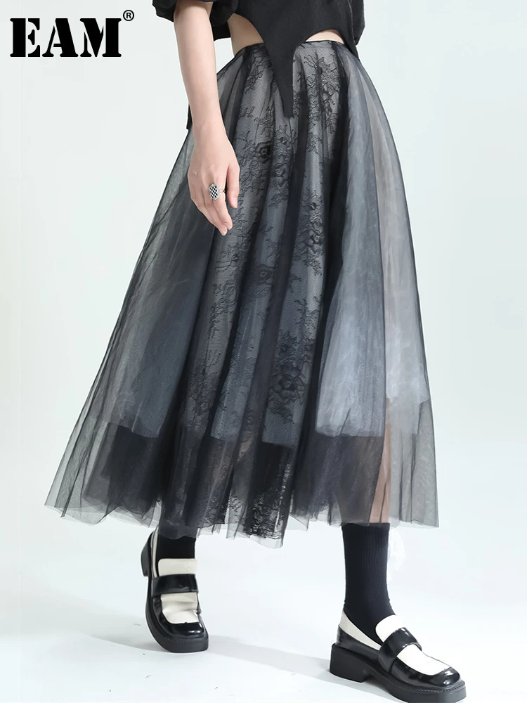 

[EAM] High Waist Black Five Layers Long Mesh Lace Elegant Half-body Skirt Women Fashion Tide New Spring Autumn 2022 1DE8289