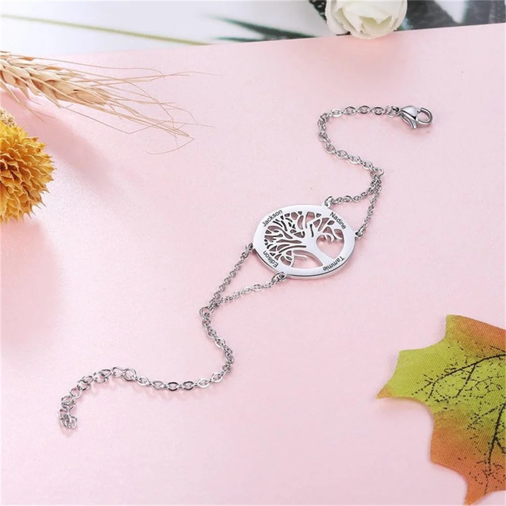 Personalized Tree of Life Bracelet Engraved Name Stainless Steel Custom Fashion Popular Accessories Women's Custom Bracelet