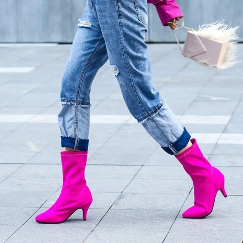 Ankle Boots High Heels Women Shoes Spring Summer 2023 New Pointed Toe Big Size 34-46 Mid Calf Stretch Sock Boots Female Footwear