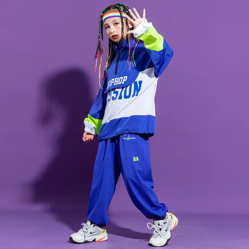 

Kid Hip Hop Clothing Blue Turtleneck Oversized Jacket Top Pullover Streetwear Jogger Pants for Girls Boys Dance Costume Clothes