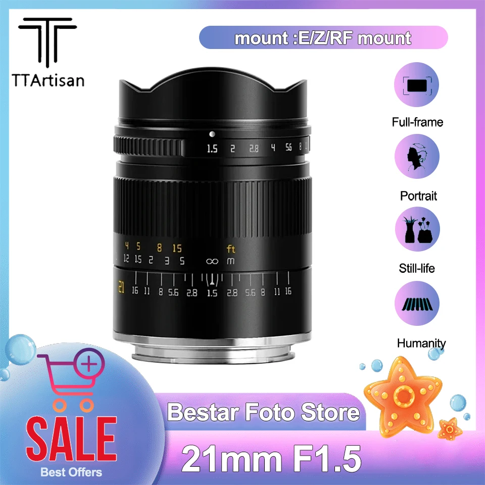Полнокадровый объектив TTArtisan 21 мм F1.5 MF для камеры Canon R5 R6 Nikon Z50 Z7II Sony A5000 A7S A9 Lumix S1 Sigma