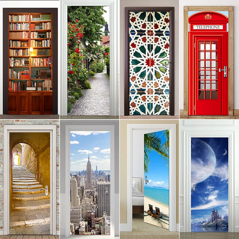 

Retro 3D Door Sticker Wall Sticker Scene Mural Wallpaper Poster Self Adhesive PVC Removable Waterproof Home Decor Door Decals