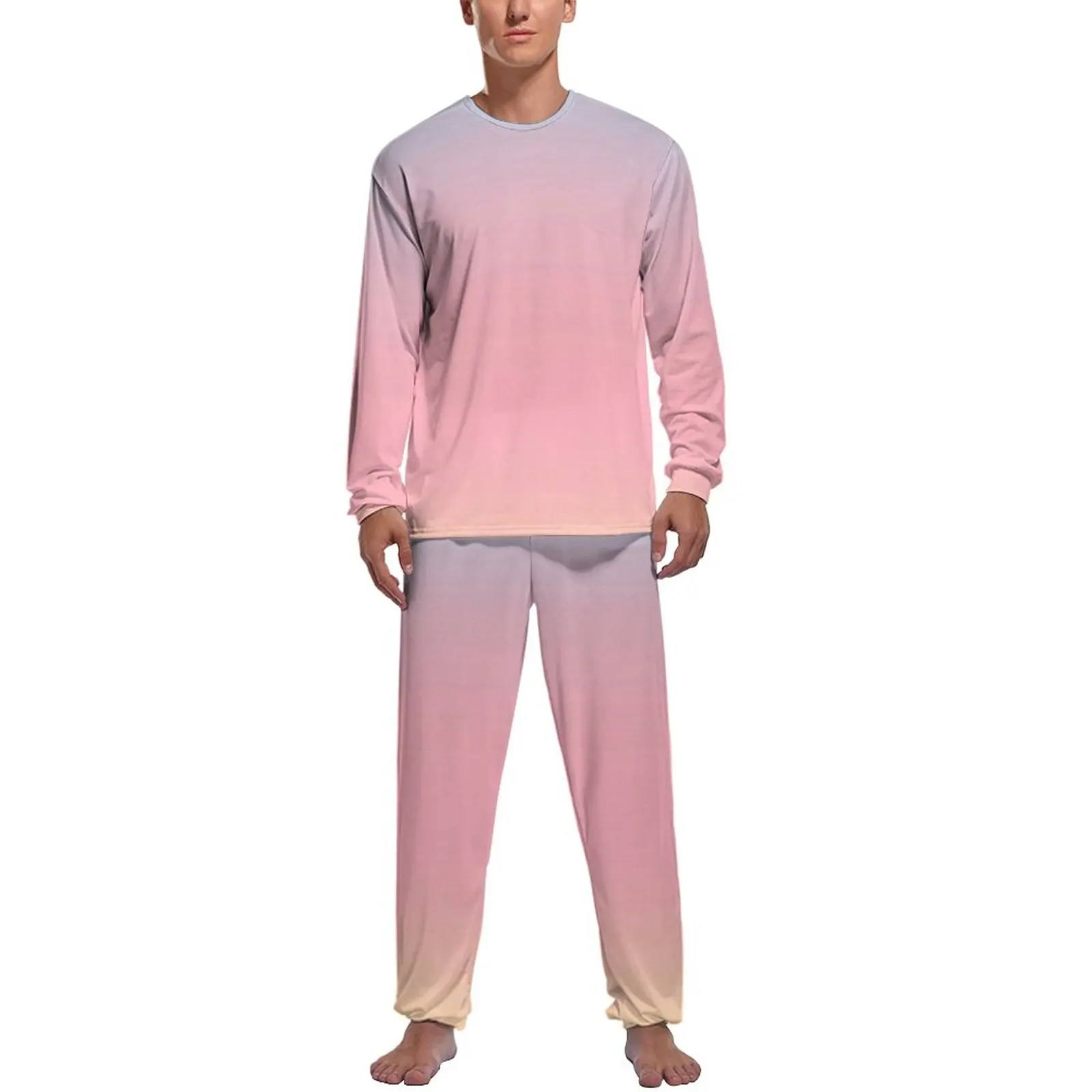 Abstract Sunset Pajamas Man Pastel Ombre Print Kawaii Nightwear Autumn Long Sleeve 2 Piece Casual Graphic Pajama Sets