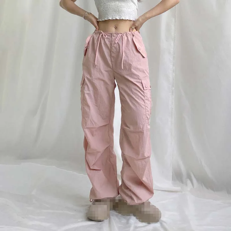 

Women Khaki Baggy Wide Leg Pants 2022 Summer Y2k Fashion Drawstring Low Waist Cargo Pants Femme Casual Big Pockets Pink Trousers