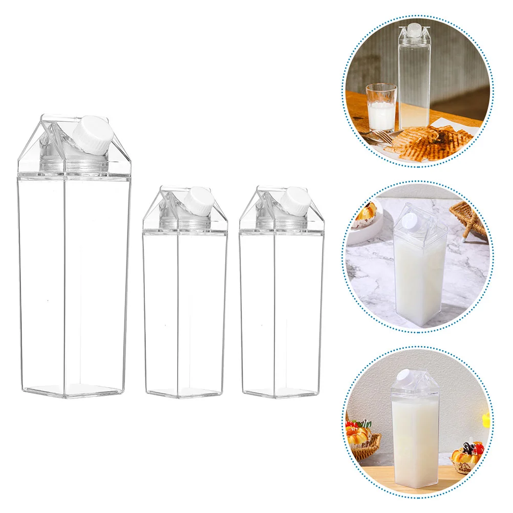 

3 Pcs Clear Plastic Container Square Milk Cup Household Juice Bottles Portable Drink Accessory Travel