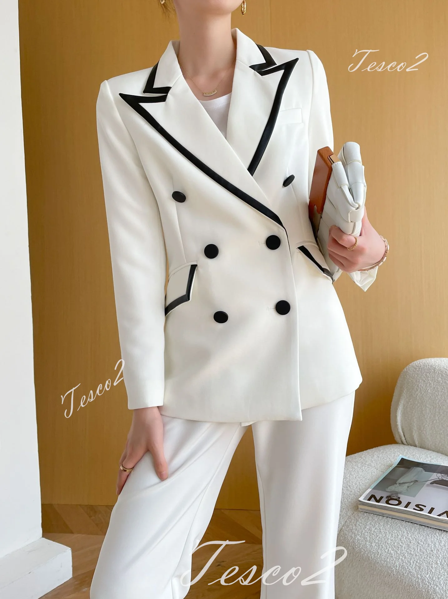 Tesco белый женский костюм с длинным рукавом Блейзер + длинные брюки пэчворк