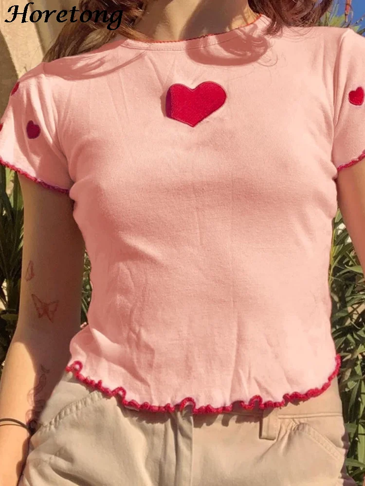 

Horetong Love Embroidery T-Shirt Women's Summer Short Sleeve O-neck Sweet Fashion Streetwear Casual Slim Pullover Camisetas