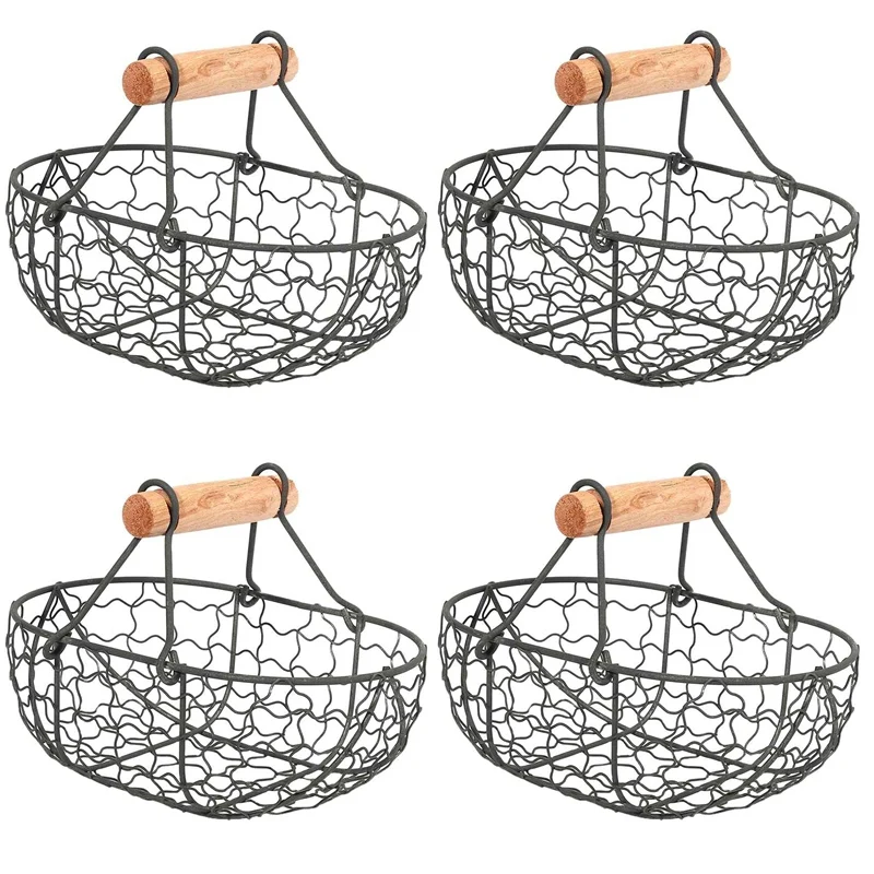 

4X Wooden Handle Metal Retro Basket Portable Multi-Function Vegetable Fruit Egg Groceries Practical Storage Basket Black