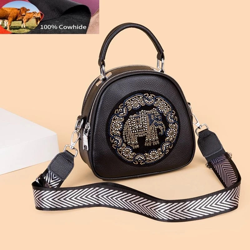 

Genuine Leather Double Zip Women Shoulder Bag Ladies Casual Totes Inlaid Colorful Beads Genuine Leather Wide Strap Crossbody Bag