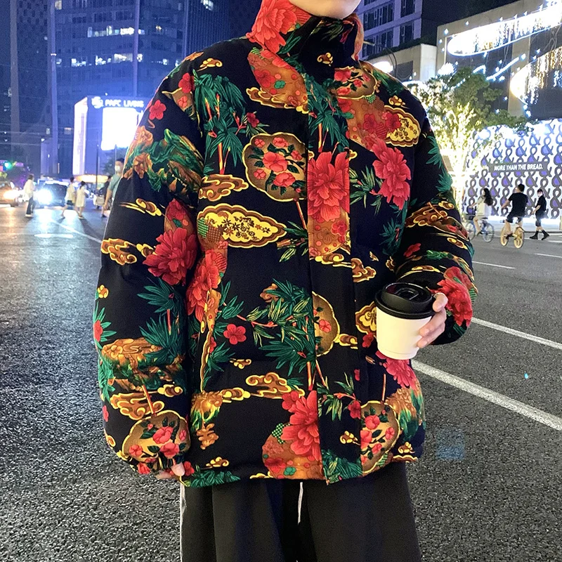 Winter Jacket Men Warm Fashion Casual Thickening Flower Coat Men Streetwear Loose Printing Short Coat Mens Parker Clothes M-5XL