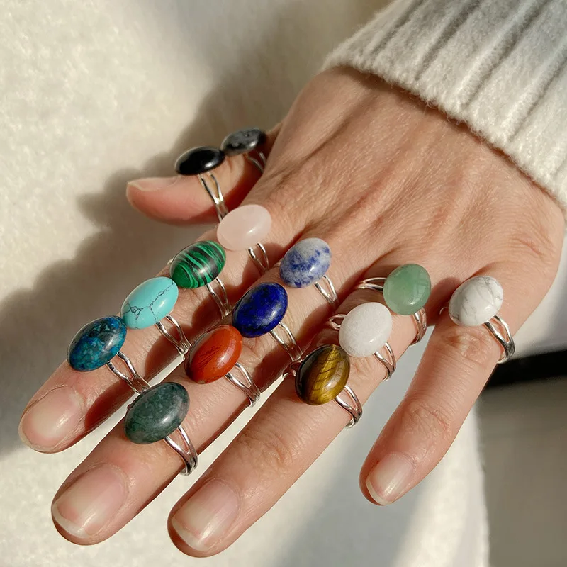 

12PC Colorful Oval Quartzs Rings for Women Handmade Natural Stone Hit Ring Silvery Adjustable Rope Bohemia Jewelry Party Gift