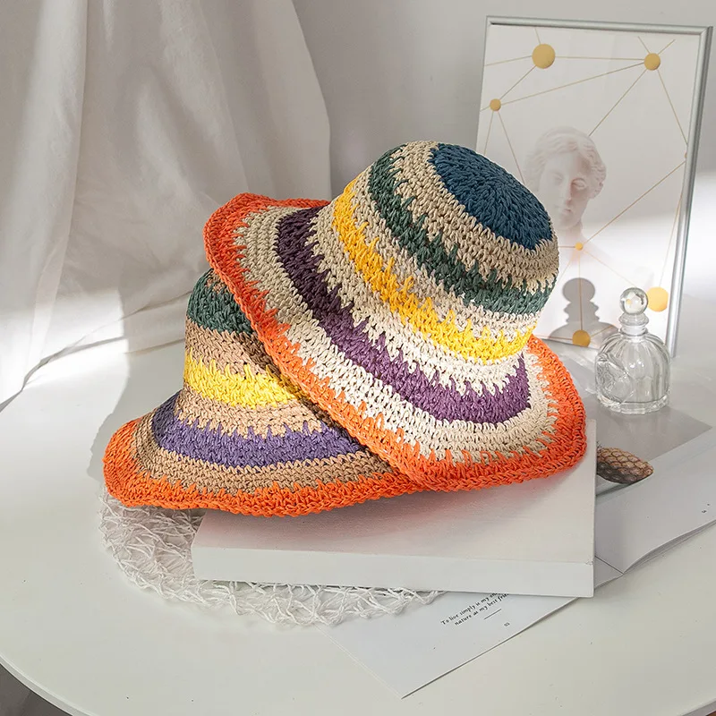 

2022 Women Shade Foldable Outdoor Hat Summer Beach Travel Holiday Hand-woven Breathable Sunscreen Rainbow Straw Hat Adult Caps