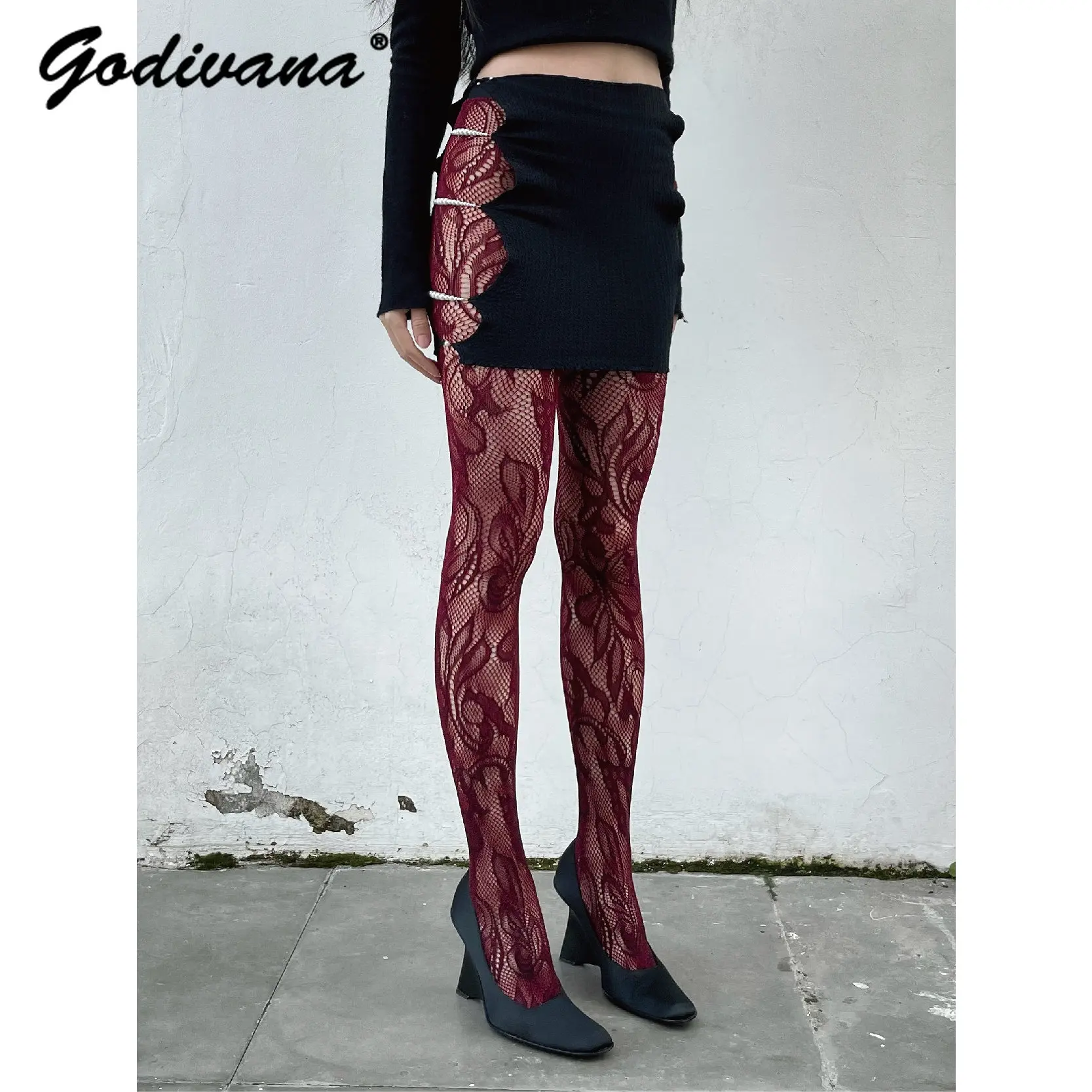 Lolita Hollowed Out Lace Jacquard Mesh Sexy Legging Bottomed Pantyhose Vintage Bottoming Sock Flower Color Fishnet Stockings