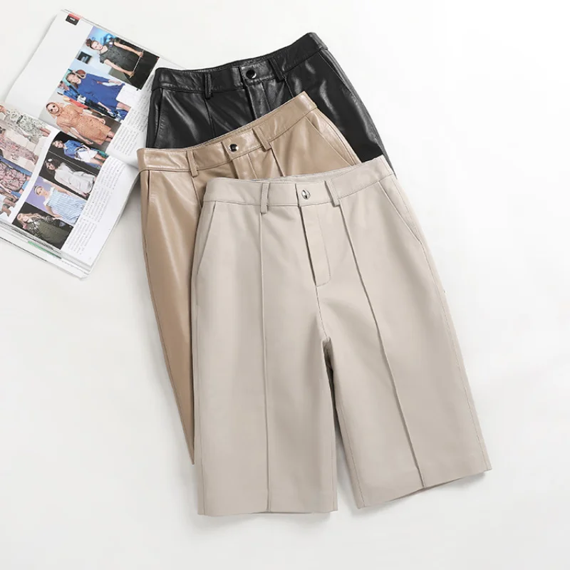 Sheepskin High Waist Real Leather for Women Trousers 2023 Slim Wide Leg Pants Short Women's Clothing Pantalones De Mujer