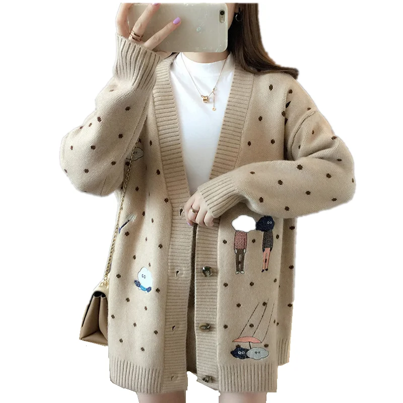 Свитер женский осенне-зимний с V-образным вырезом и вышивкой |