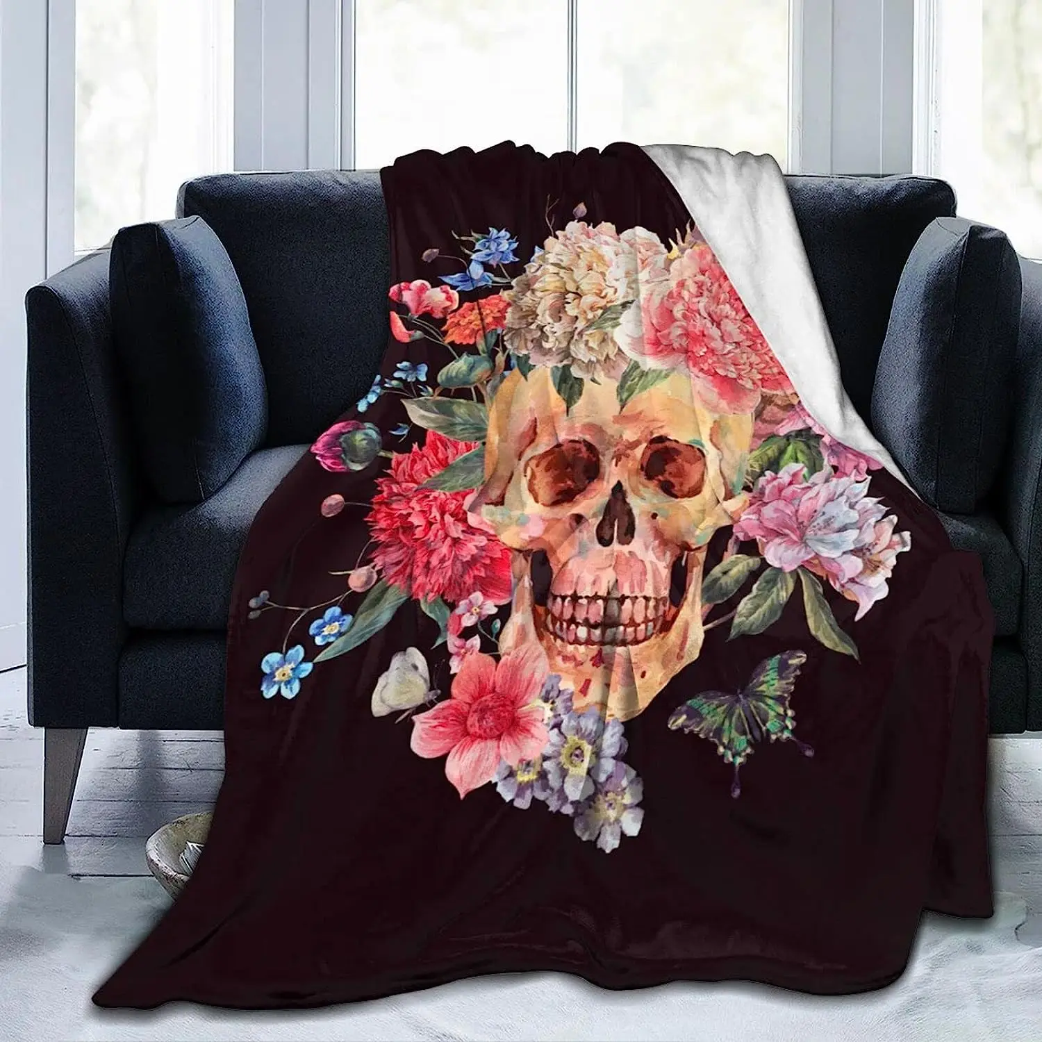 

Rose and Skull Throw Blanket Soft Fleece Blankets Plush Comfy Microfiber Throws Decor for Home Bed Couch Living Room