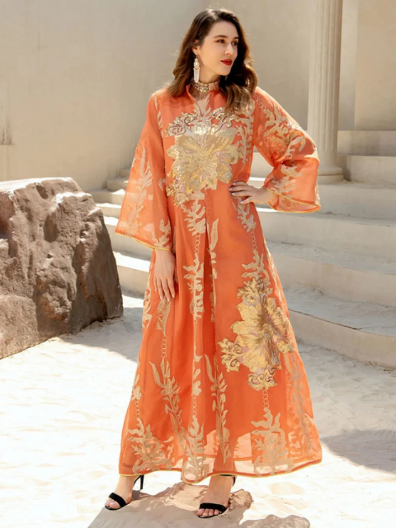 Modest Muslim Moroccan Caftan Dubai Abaya for Women Ramadan Eid-al-Adha 2023 Gold Thread Sequins Embroidery Arab Long Dress Yarn