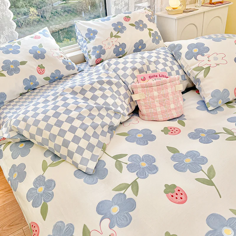 

Blue Blossom Bed Linen Print Four-piece Set Simple Cotton Bed Three-Piece Set Small Fresh Student Dormitory Bedding 4PCS