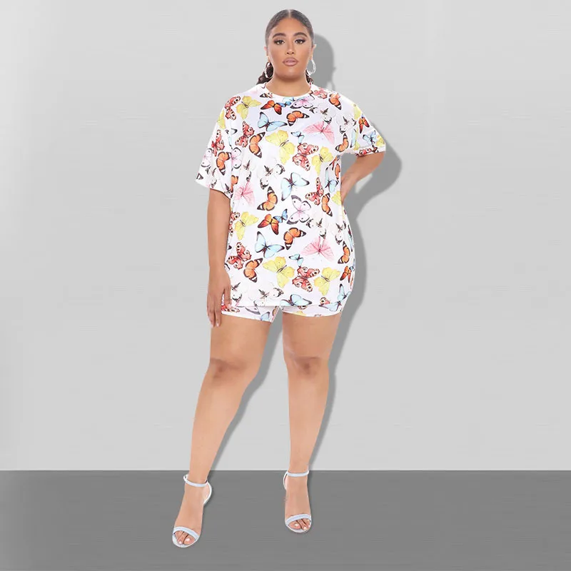 Plus Size Women's Clothing 2022 Summer New Temperament Fashion Butterfly Print Shorts Ladies Suit XL-5XL Oversized