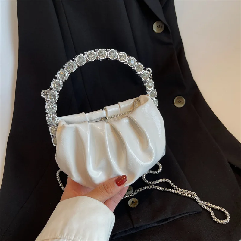 Women's New Light Diamond Diamond-Embedded Portable Dinner Party Niche Chain Crossbody Pleated Cloud Bag