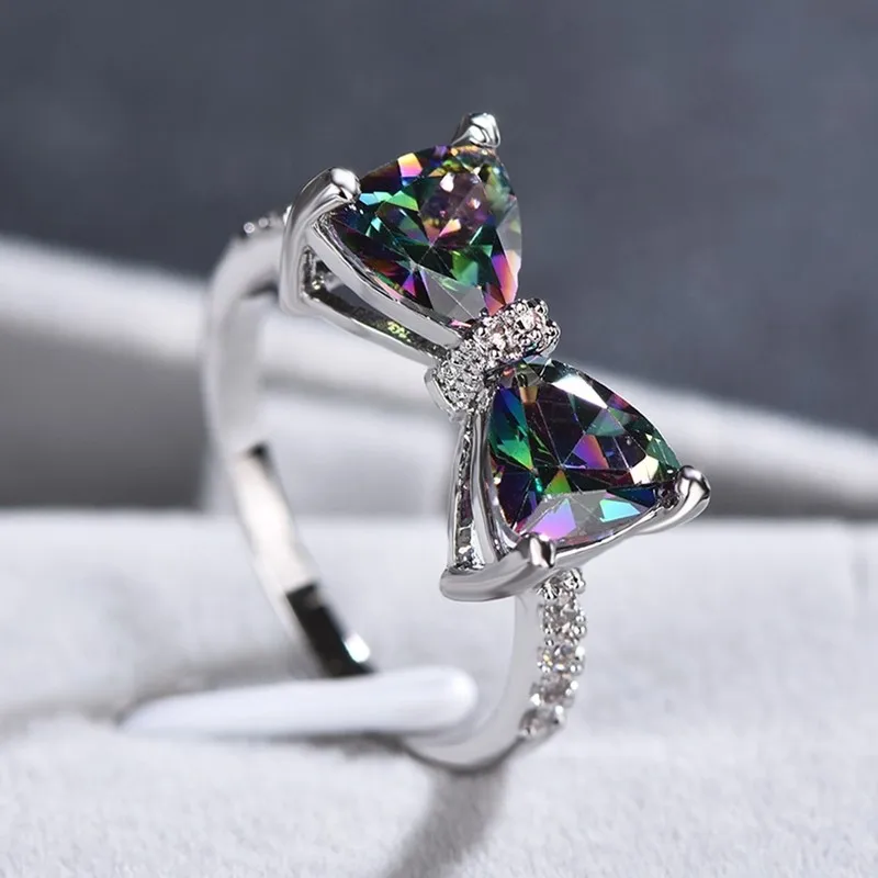 Elegant Mystic Rainbow Topaz Bowknot Ring Wedding Engagement Jewelry for Women Girl Size 6-10