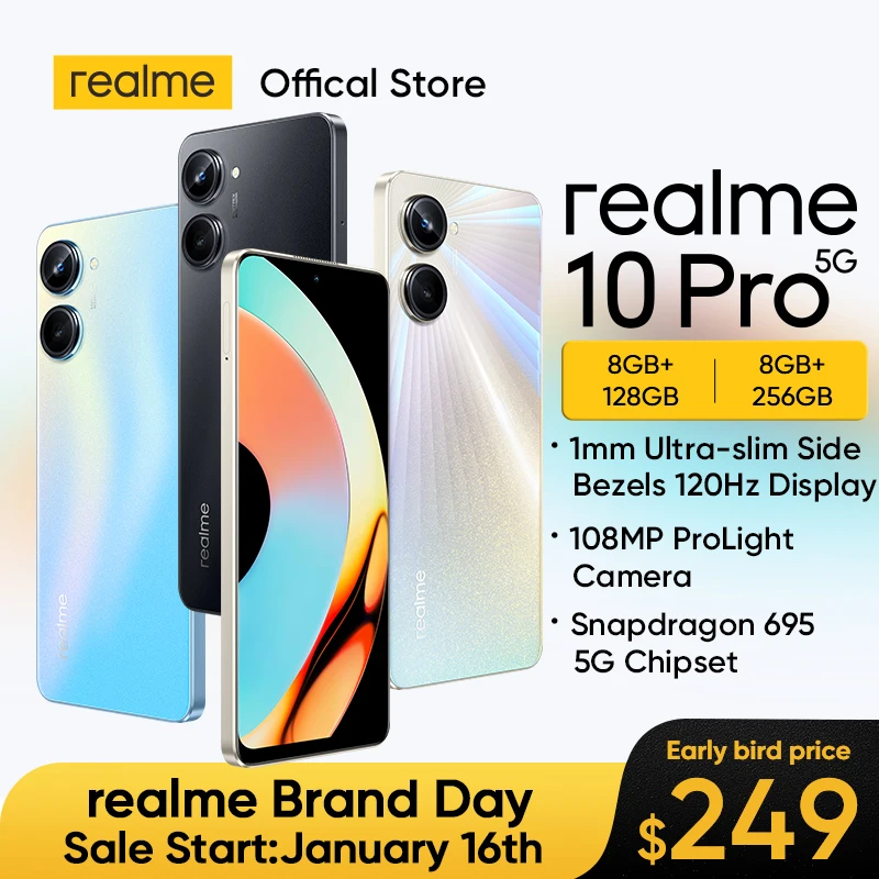  Realme 10 Pro 5G Новый смартфон Восьмиядерный процессор Snapdragon 695 6,72 дюйма, 120 Гц Безграничный дисплей 108-мегапиксельная камера ProLight 33 Вт SUPERVOOC Ch…