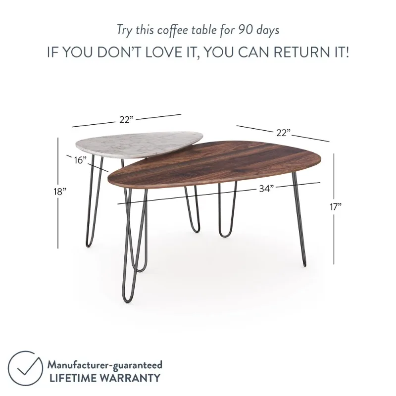 

Nathan James Bodhi Mid Century Nesting Coffee Table Set of 2, Faux Marble Walnut Finish and Black Legs