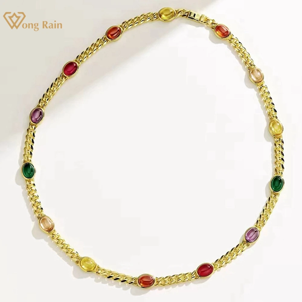 

Wong Rain 18K Gold Plated 925 Sterling Silver Oval Ruby Emerald Citrine Amethyst Gemstone Vintage Women Necklace Fine Jewelry