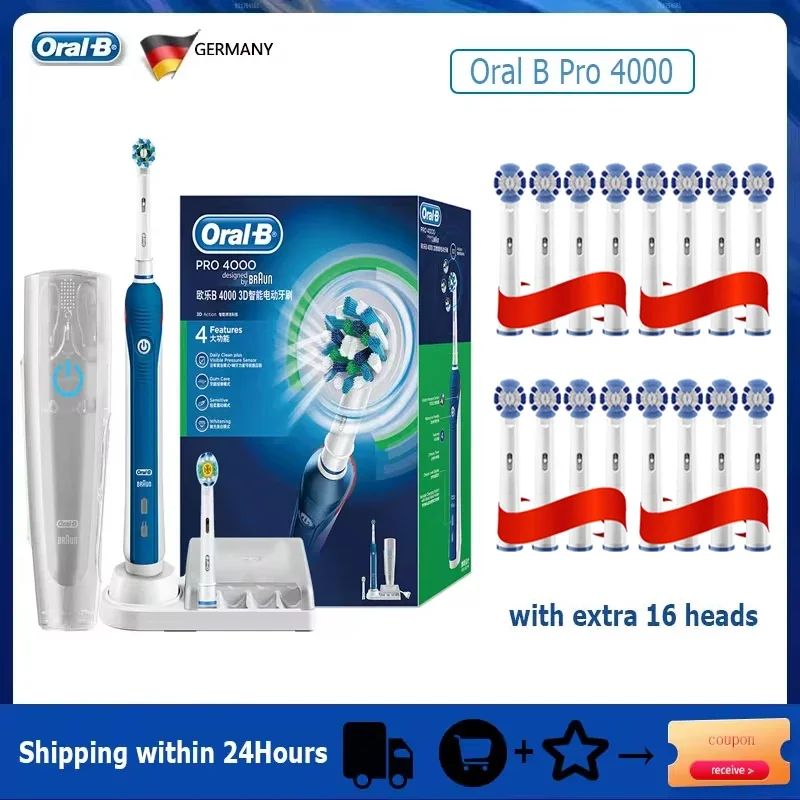 Фото Электрическая зубная щетка Oral B Pro 4000, перезаряжаемая, 3D видимый датчик давления, 4 режима, звуковая зубная щетка для взрослых, чистка полости рта №1