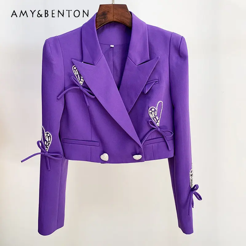 2023 Autumn and Winter New Long Sleeve Purple Blazer Coat Heart-Shaped Diamond Button Beaded Bowknot Short Suit Jacket