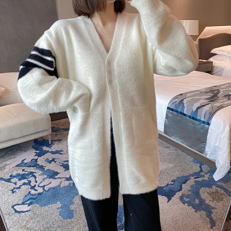 Soft waxy TB imitation mink cardigan women's four-bar mid-length sweater coat is thin and versatile enlarge