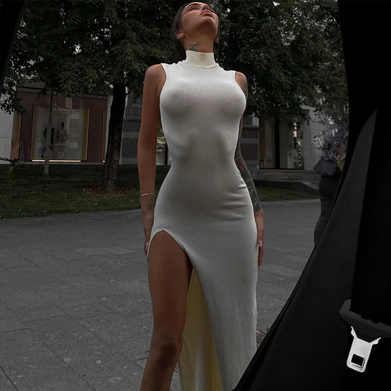 

Elegant Turtleneck Split Party Dress 2022 Sexy Bodycon Off Shoulder Midi Dress Women Summer Club Clothes Black White