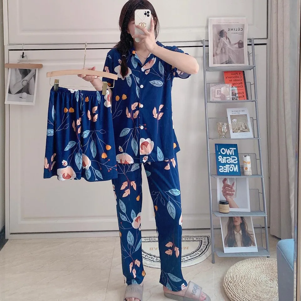 

Summer Pajamas Women's Short-Sleeved Trousers Cardigan Korean Style Sweet And Fresh Student Homewear Short And Long Suit
