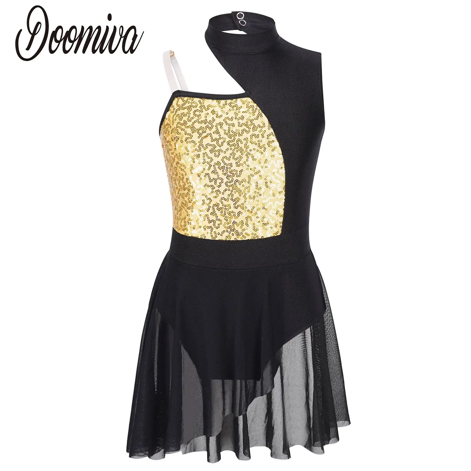 

Kids Girls Sleeveless Ballet Gymnastics Leotard Dresses Off Shoulder Sparkly Sequins Lyrical Dance Dress Show Dance Costumes