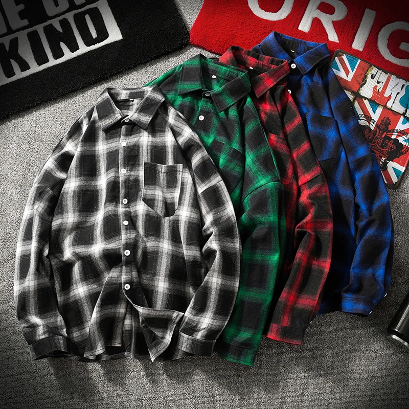 

Men's shirt Plaid men's oversized shirt Korean long sleeve Collar Shirt Top Casual coat Vintage Black Red Green