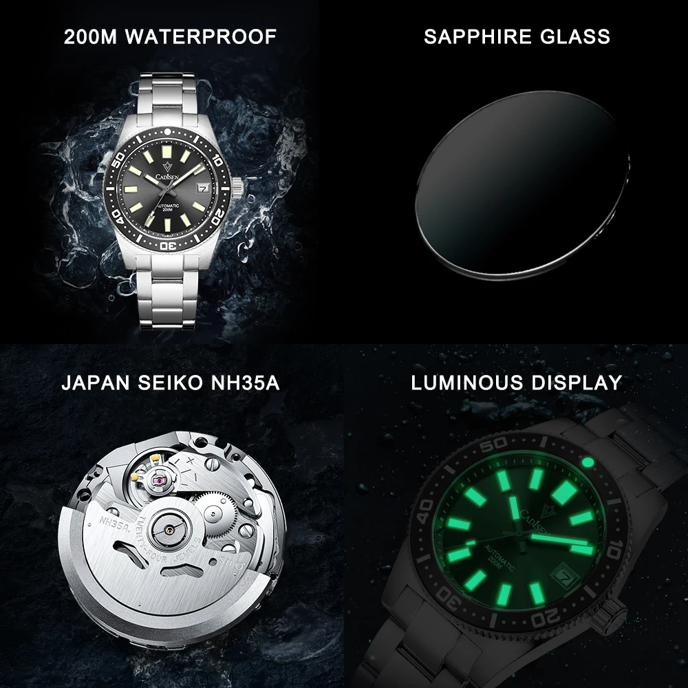 CADISEN New 38mm Diver Mens Watch Japan NH35A Automatic Mechanical Sapphire Glass Date Luminous 200M Waterproof Wrist watch Men images - 6