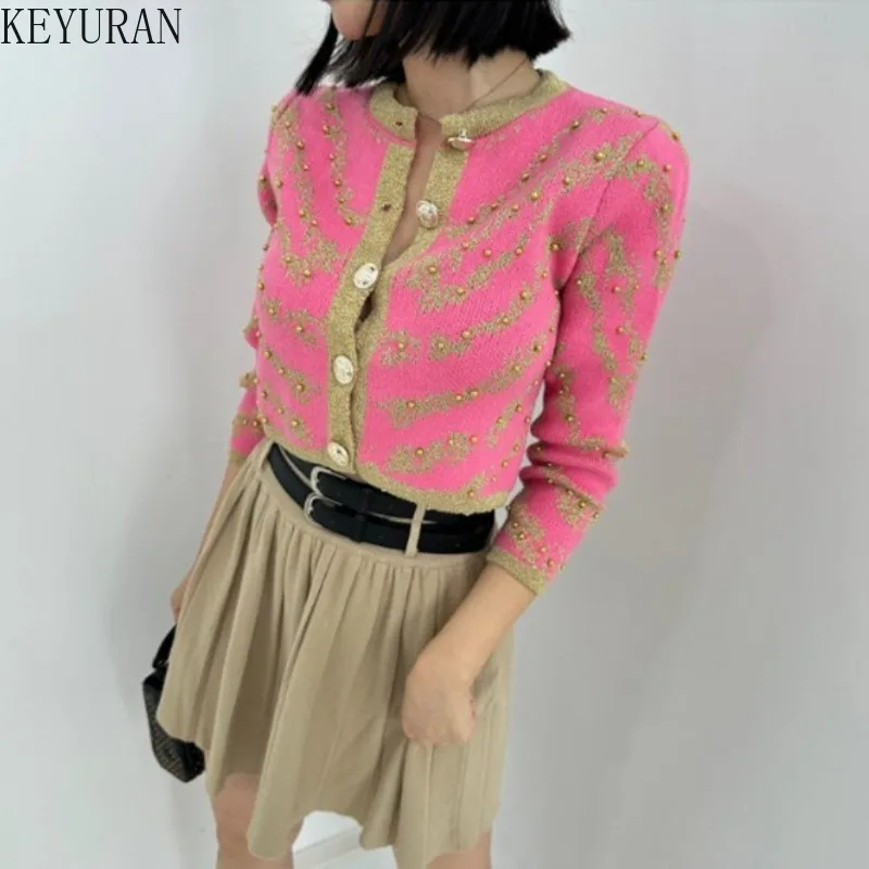 

Корейский шикарный вязаный кардиган, свитер, Женская осенне-зимняя однобортная трикотажная одежда в полоску с бисером, повседневные топы Traf, женский джемпер