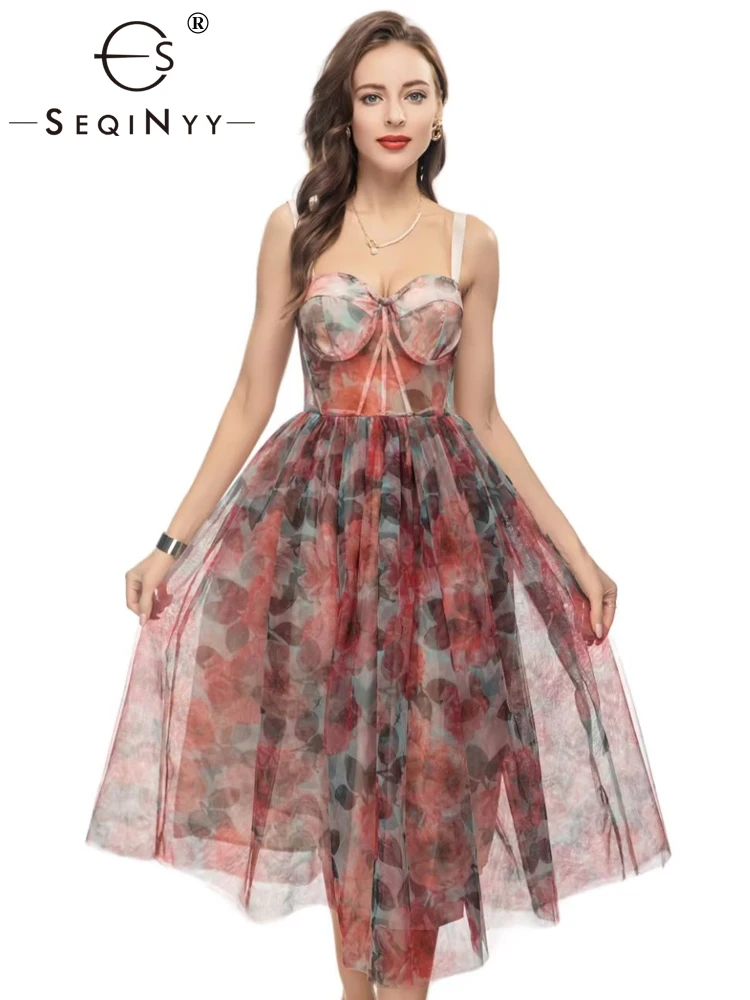 

Женское платье-миди без бретелек SEQINYY, летнее и весеннее платье-трапеция с винтажным цветочным принтом