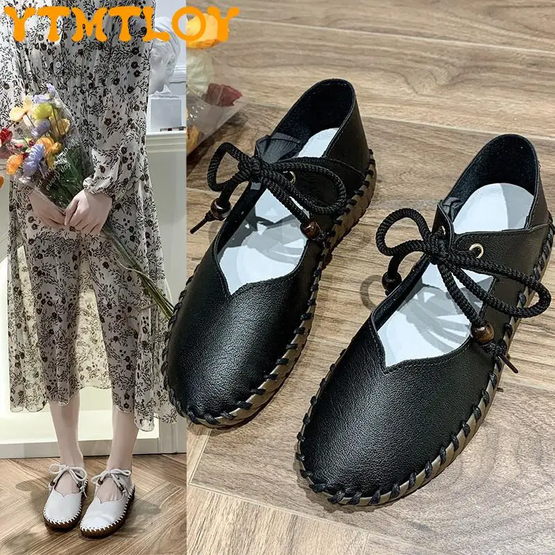 

She Stitched Single Shoes Women's Flat Bottom 2022 Spring New Student White Shoes Tendon Bottom Casual Lace-up Shallow Mouth