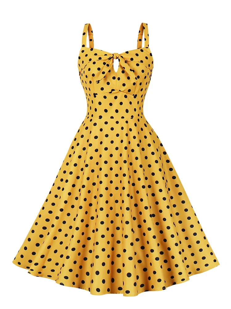 

2023 50s 60s High Waist Polka Dot Vintage Dress Knot and Keyhole Front Summer Outfits for Women Spaghetti Strap Party Dresses