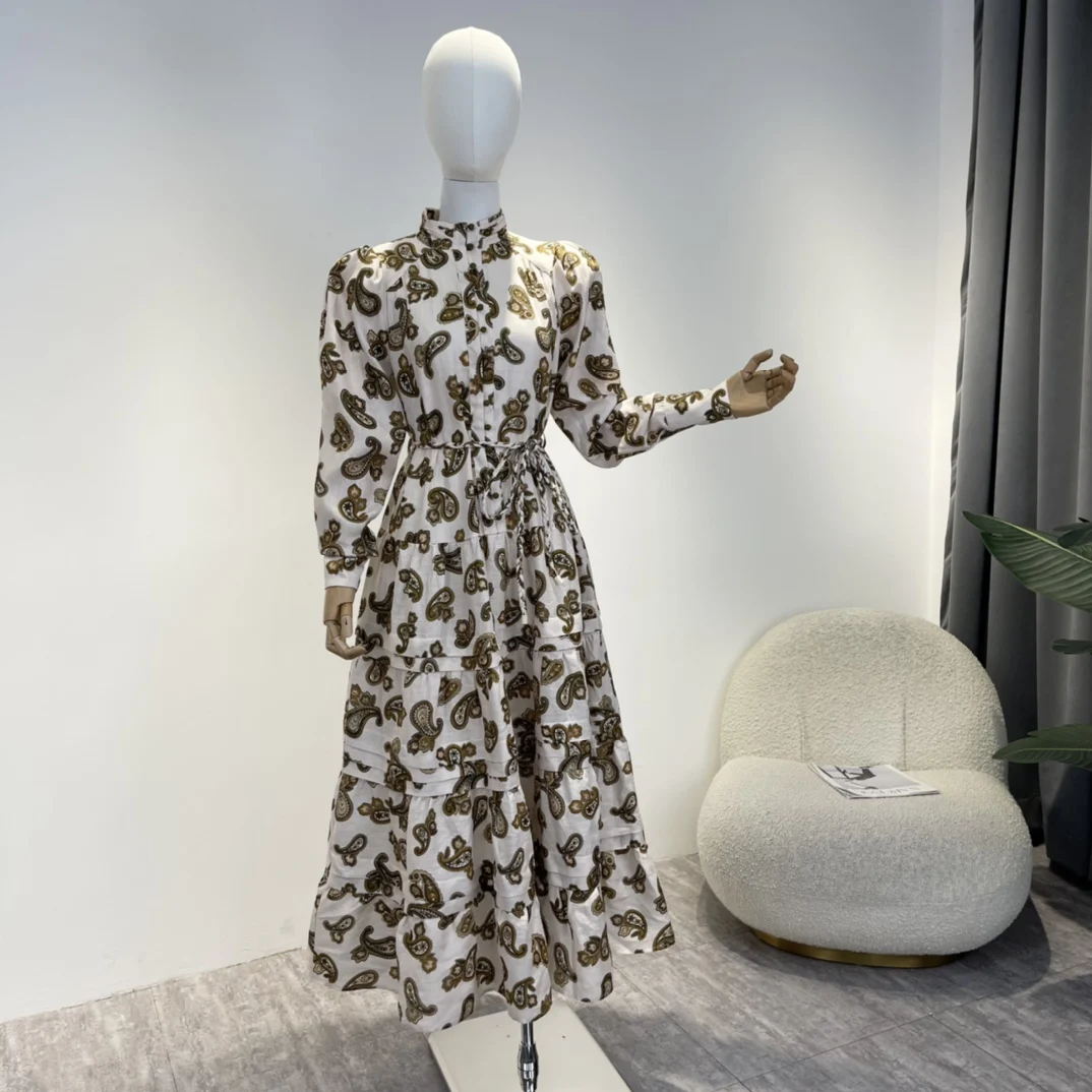 

New Arrival 2022 AutumnTop Quality Fashion Paisley Print Patchwork Midi Long Sleeve Vintage Dress Women
