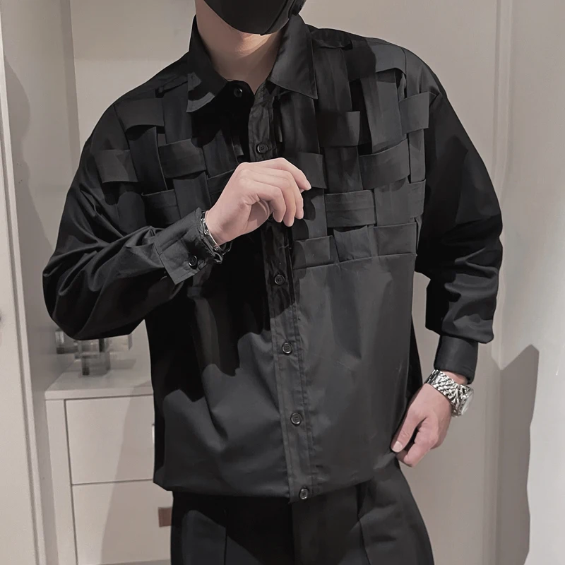 

Fashion Men's Black White Weave Design Long Sleeve Shirt B48