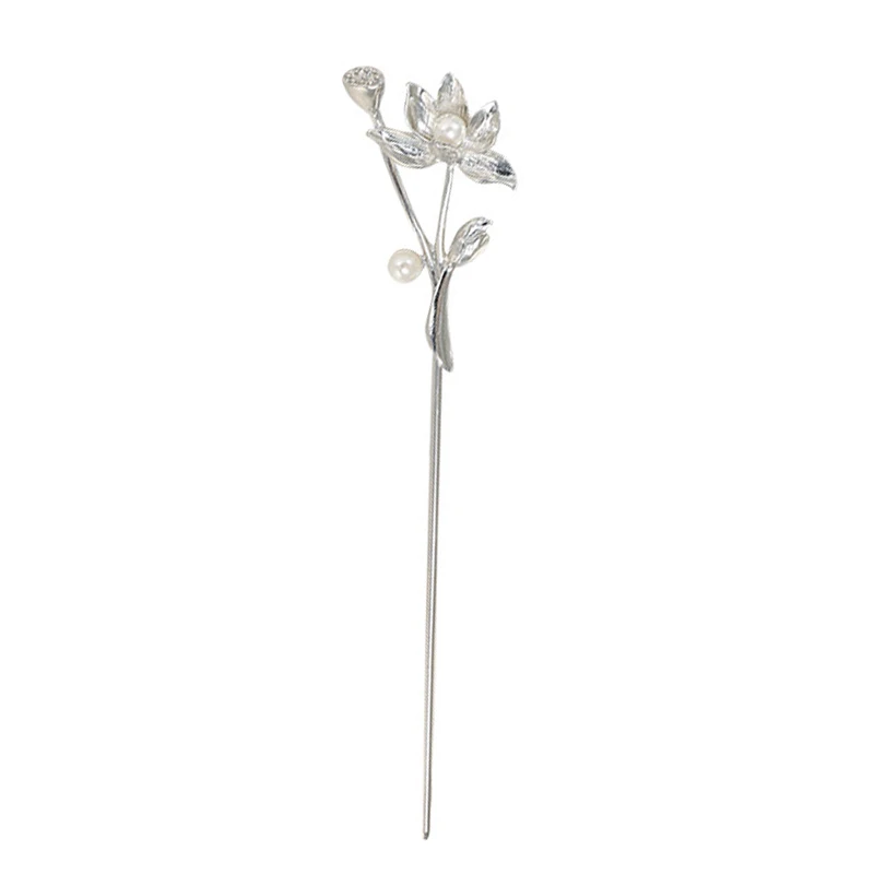 

Chinese Style Retro Simple DIY Lotus Pearl Hair Stick Women Metal Flower Hair Fork Chopsticks Hairpin Woman Jewelry Accessories