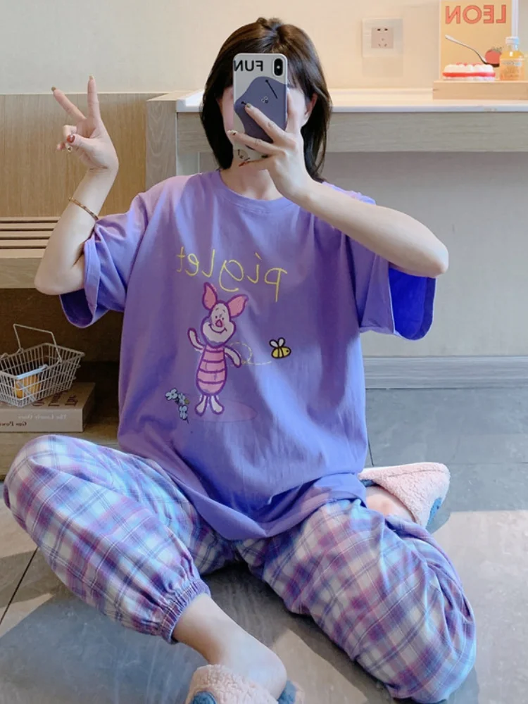 Disney Piglet Cute Pajamas Set Women Summer Thin Section Short-sleeved Sleepwear Suit Ladies Home Service 2 Piece Set Pajama