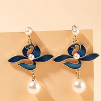 simple fashion blue flowers long earrings female personality national scenery thai blue hanging pearl earrings jewelry