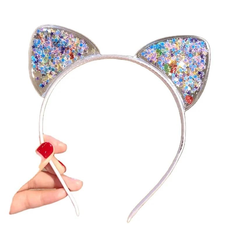 Korean Transparent Quicksand Diamonds Crown Cat Ear Hairband For Girl Kids Super Cute Kawaii Color Headband Fashion Accessories images - 6