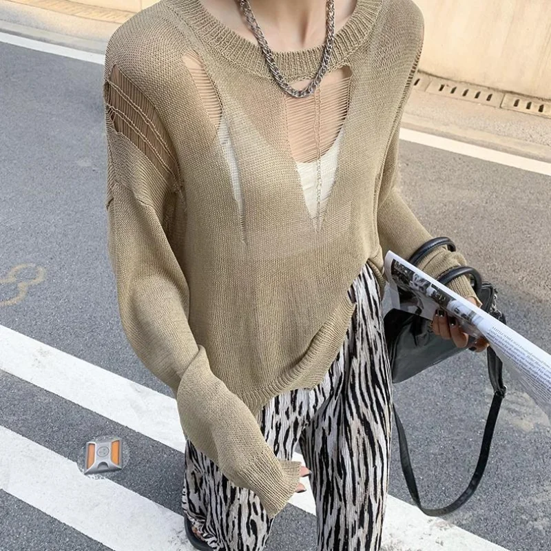 

Versatile hollow out ultr thin knit sweater sun protection women long sleeved summer loose hole sun protection sweater female