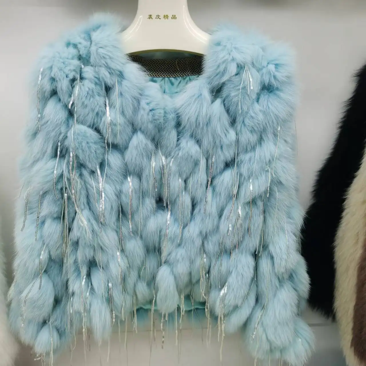 New Autumn Winter Fashion Ladies Clothes O-neck Real Fox Fur Coat Pearl Feather Tassel Straight Loose Long-sleeved Short Jackets