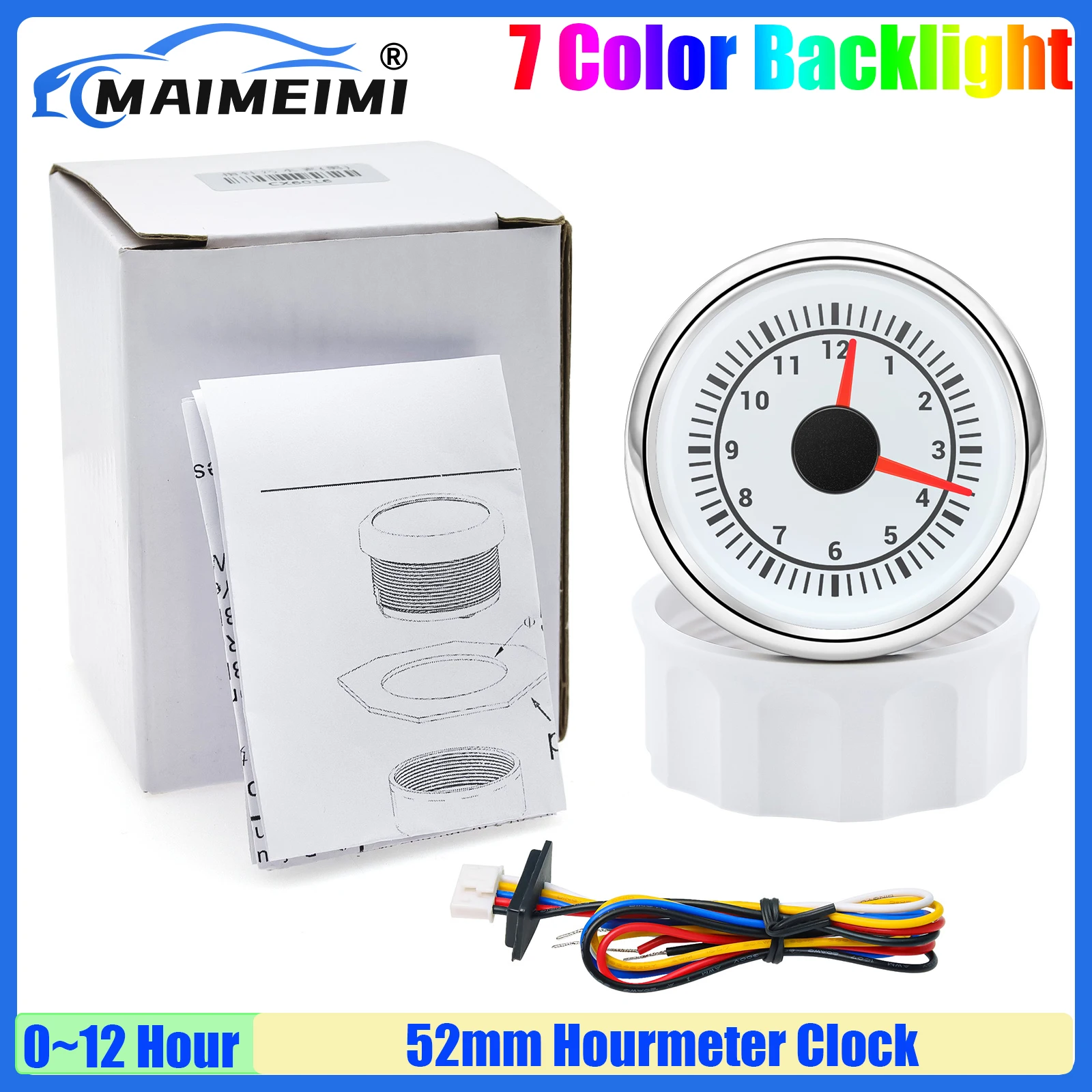 

MAIMEIMI 2 "52 мм, измеритель часов, инструмент 0-12 часов, 7 цветов, подсветка, измерительные приборы, указатель, счетчик часов для автомобиля, лодки, 12 В, 24 В