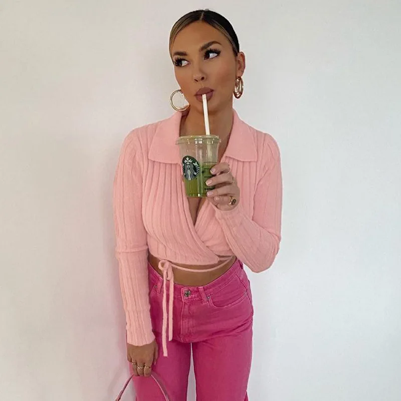 

Knit Long Sleeve Sexy Top V Neck 2022 Fall/winter Fashion Bandage Women's Casual Sweater Cardigan
